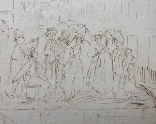 fig 1. Original 19th Century English Antique Pen & Ink Sketch Study Figures by a Harbour Drawing Study