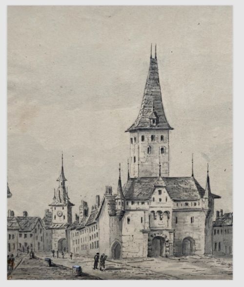 Original early 19th Century Antique Pencil Charcoal Sketch Study Berne Switzerland Town Landscape