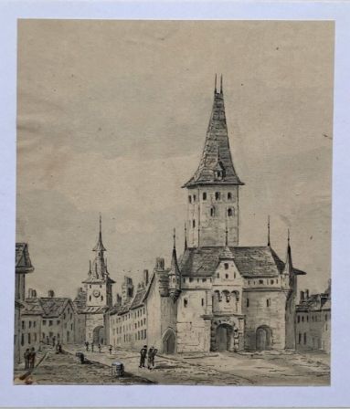fig 1. Original early 19th Century Antique Pencil Charcoal Sketch Study Berne Switzerland Town Landscape