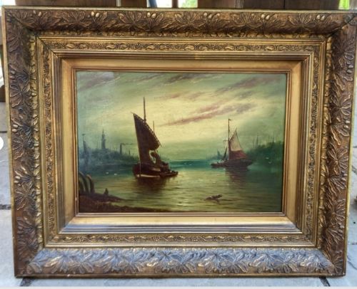 fig 1. William James S Crampton Signed Original late 19th Century Antique Oil Painting Boats in a Harbour English Seascape