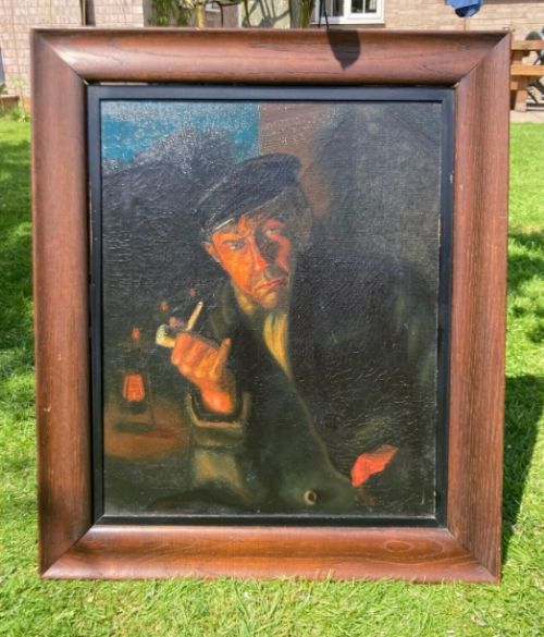 fig 1. Original early 20th Century Antique Oil Painting on canvas Portrait of a Sailor Fisherman Smoking a Pipe by Firelight