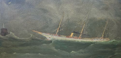 Original Antique Oil Painting on Canvas Clipper Ship entering Harbour in Rough Seas, Titled Indistinctly