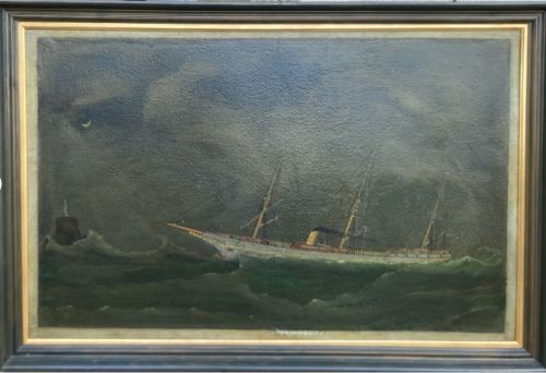 fig 1. Original Antique Oil Painting on Canvas Clipper Ship entering Harbour in Rough Seas, Titled Indistinctly