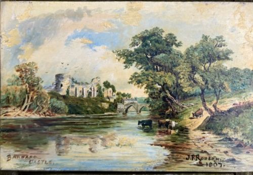 J F Robson 1907 Original Early 20th Century Antique Oil Painting on Canvas Board Barnard Castle English River Landscape
