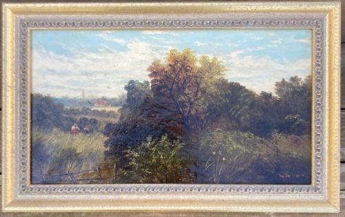 fig 1. Signed R Jackson Original 19th Century English Antique Oil Painting on Canvas Trees & Distant Town Country Landscape
