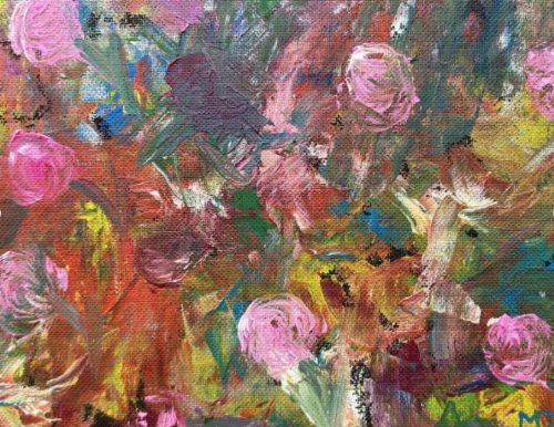 fig 1. Initialled MJ Original Vintage Circa 1960 Oil Painting on Board Still Life Study of Bright Colourful Flowers
