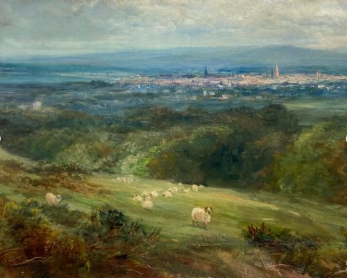fig 1. John Macwhirter Signed Original Antique Oil Painting Canvas laid on Board Distant View of Ayr in Scotland British Landscape