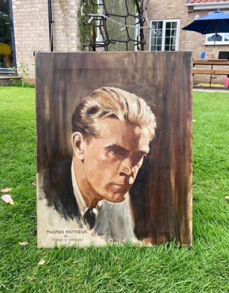 fig 1. Frank C Harlow Signed Original mid 20th Century English Vintage Oil Painting on Canvas Portrait of a Gentleman, Titled Thomas Matthews