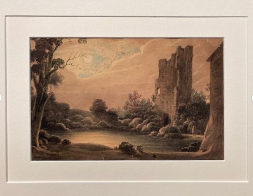fig 1. Original late 18th Century English School Antique Watercolour Painting Castle Ruin & Lake under Moonlight Romanticism Landscape