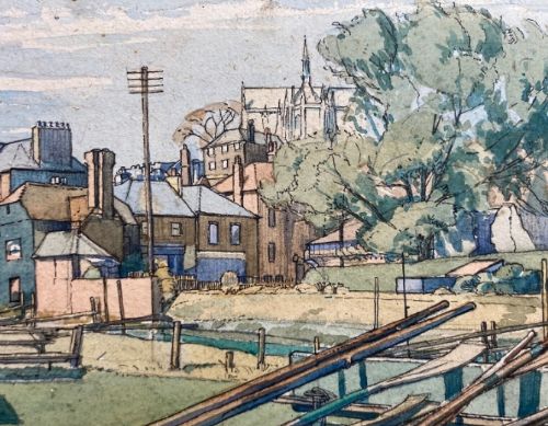 fig 1. Frank Charles Medworth 1920 Original Monogrammed English Antique Watercolour & Pen Painting Arundel West Sussex English Landscape
