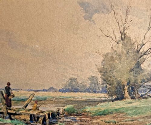Frank B Jowett Signed Original early 20th Century Antique Watercolour Painting The Cattle Bridge Kettering English Landscape