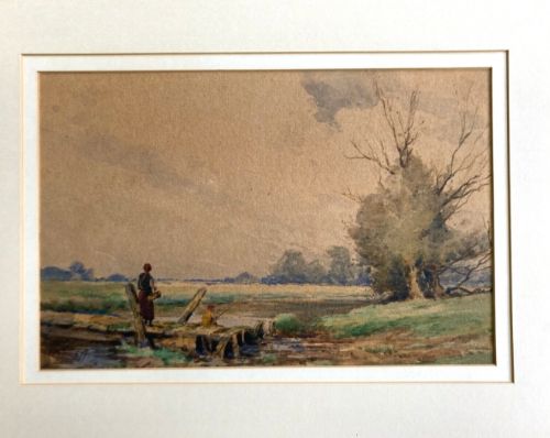 fig 1. Frank B Jowett Signed Original early 20th Century Antique Watercolour Painting The Cattle Bridge Kettering English Landscape