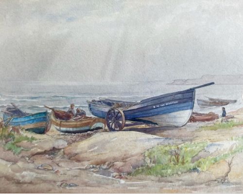 W Weatherall Signed Original early 20th Century Antique Watercolour Painting Coble Fishing Boats at Newbiggin by the Sea English Seascape