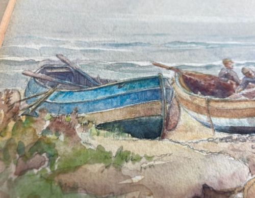 fig 1. W Weatherall Signed Original early 20th Century Antique Watercolour Painting Coble Fishing Boats at Newbiggin by the Sea English Seascape