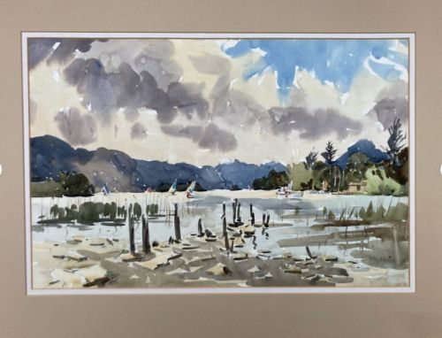 fig 1. A mid-20th century watercolour painting depicting a moody landscape with a reflective body of water, distant hills, and stormy skies.
