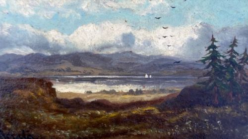 Signed Indistinctly Original early 20th Century Antique Oil Painting on Board Lake & Mountain Landscape with sailing Boats