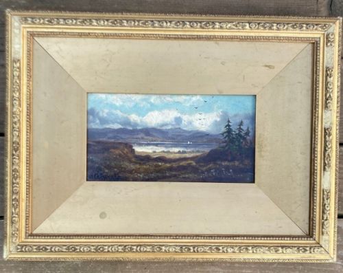 fig 1. Signed Indistinctly Original early 20th Century Antique Oil Painting on Board Lake & Mountain Landscape with sailing Boats