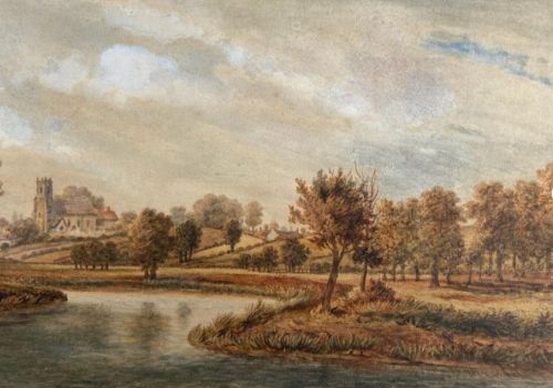 J G Zobel Signed Original Early 19th Century Antique Watercolour Painting Belaugh Church from Groves End, Horstead, Norfolk English Landscape