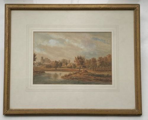 fig 1. J G Zobel Signed Original early 19th Century Antique Watercolour Painting Belaugh Church from Groves End, Horstead, Norfolk English Landscape