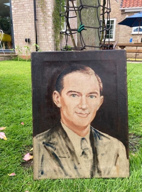fig 1. An oil painting on canvas depicting a mid-century portrait of a gentleman in a suit against a dark background.