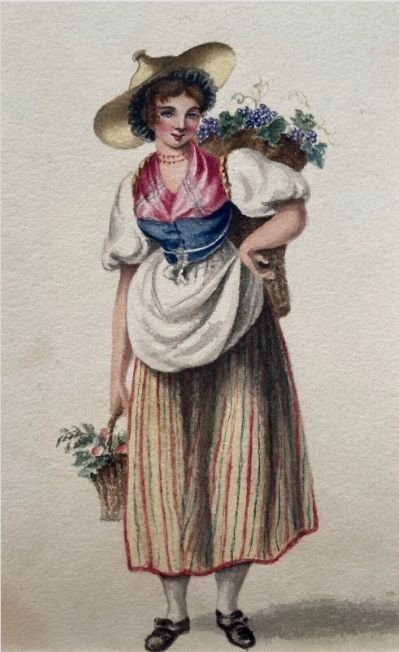 Manner of Franz Niklaus König Original 19th Century Antique Watercolour Painting Portrait of a Swiss Lady Carrying Grapes