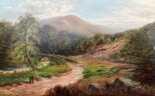 Attrib. James Peel (1811-1906) Original Indistinctly Signed 19th Century Oil Painting on Panel River & Mountain Landscape with figures British Landscape