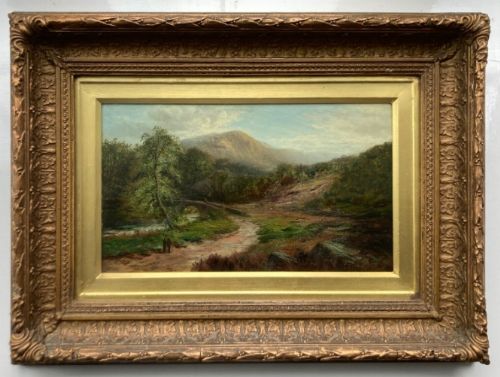 fig 1. Attrib. James Peel (1811-1906) Original Indistinctly Signed 19th Century Oil Painting on Panel River & Mountain Landscape with figures British Landscape