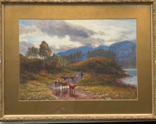 fig 1. An antique watercolour painting depicting cattle being herded along a path beside a loch in a Scottish landscape.