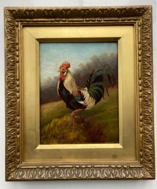 H I Wright Signed Original Late 19th Century Antique Oil Painting on Canvas Cockerel Landscape Study
