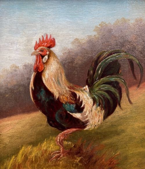 fig 1. H I Wright Signed Original Late 19th Century Antique Oil Painting on Canvas Cockerel Landscape Study
