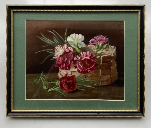 Signed H C Mellor Original 1900 Antique Still Life Oil Painting on Card Carnation Flowers in Basket Floral Still Life Study