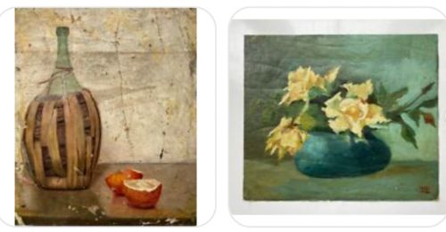 Original Antique Still Life Oil Painting on Board Yellow Roses in a Bowl Study, 2nd Painting of Wine Carafe and Orange Verso