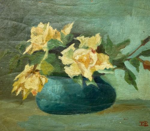 fig 1. An antique double-sided oil painting on board featuring yellow roses in a bowl on the front and a wine carafe with an orange on the reverse.