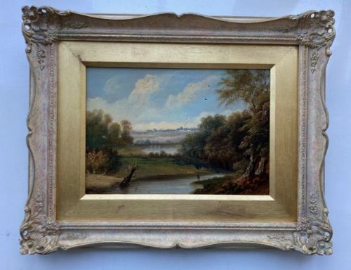 fig 1. Original early 20th Century English School Antique Oil Painting on Wood Panel River & Countryside Landscape