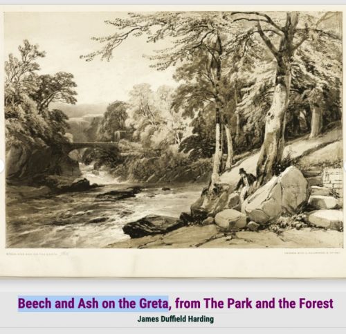 fig 1. Manner of James D Harding Original mid 19th Century Antique Oil Painting on Wood Panel Beech & Ash on the Greta British Landscape