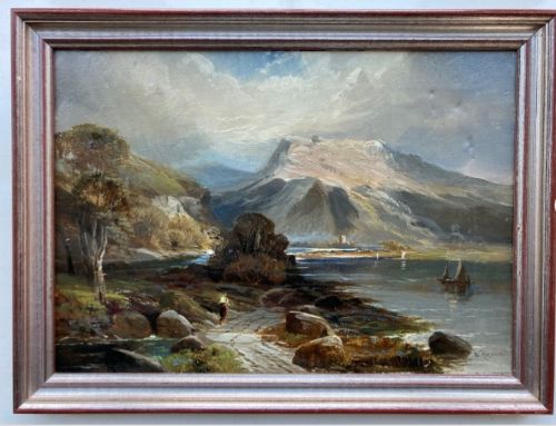 fig 1. An oil painting on canvas depicting a dramatic Scottish highland landscape with mountains, a loch, and figures along a rocky path.