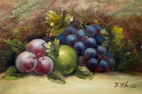 fig 1. Evelyn Chester (1875-1929) Signed Original Late 19th Century Antique Oil Painting on Board Still life Fruit Plums & Grapes
