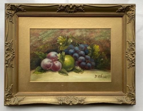 Evelyn Chester (1875-1929) Signed Original Late 19th Century Antique Oil Painting on Board Still life Fruit Plums & Grapes