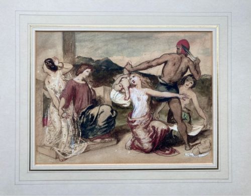 fig 1. An antique watercolour painting depicting a classical narrative scene with multiple figures in motion.