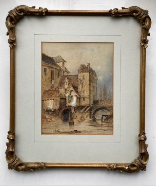 Attributed to Thomas Colman Dibdin Original mid 19th Century Antique Watercolour Painting French River & Bridge Continental Landscape