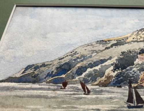 fig 1. An antique watercolour painting depicting a coastal landscape with a castle on a hill and sailboats on the water.