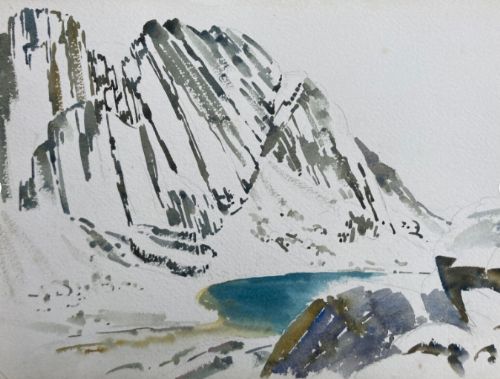 fig 1. Two vintage watercolour landscape paintings depicting mountainous terrain with expressive brushstrokes and muted tones on heavy paper.