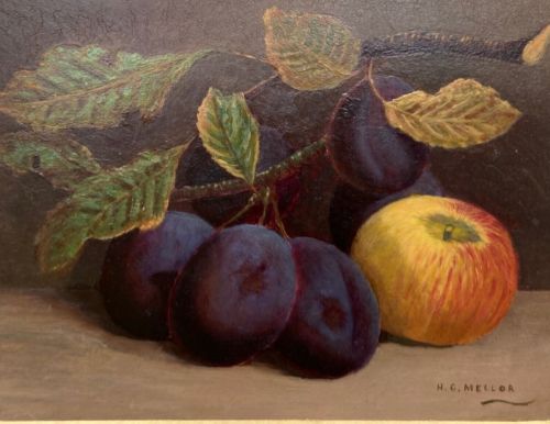 Signed H C Mellor Original late 19th Century Antique Oil Painting on Card Study of an Apple & Plums in Glazed Frame