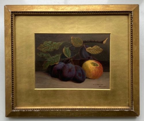 fig 1. Signed H C Mellor Original late 19th Century Antique Oil Painting on Card Study of an Apple & Plums in Glazed Frame