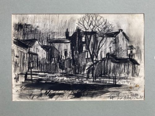 fig 1. A monochrome vintage charcoal landscape drawing depicting buildings and a bare tree in Ambleside.