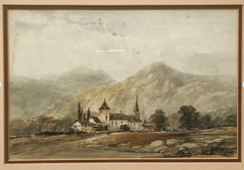 fig 3. An early 19th-century watercolour landscape painting depicting a Swiss village with a prominent church spire set against towering alpine mountains.