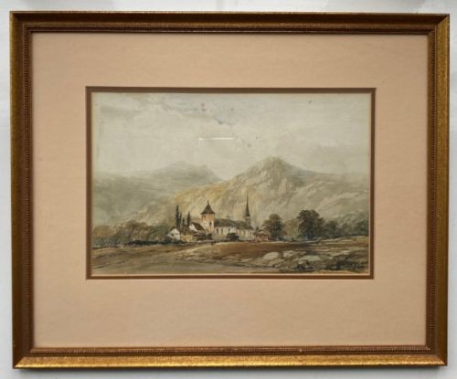 fig 4. An early 19th-century watercolour landscape painting depicting a Swiss village with a prominent church spire set against towering alpine mountains.