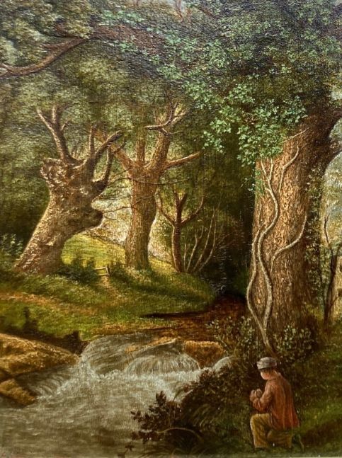 Original mid 20th Century Vintage Oil Painting on Board Man Resting in Woodland Landscape