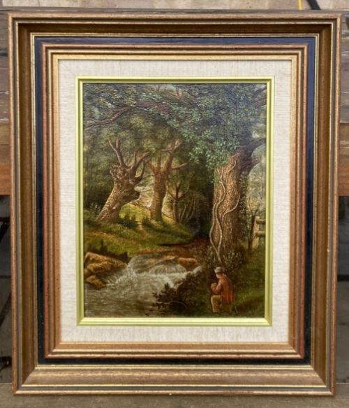 fig 1. Original mid 20th Century Vintage Oil Painting on Board Man Resting in Woodland Landscape