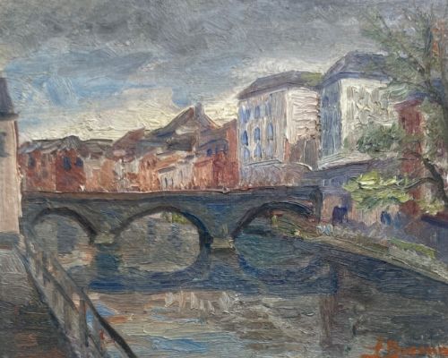 fig 1. Original early 20th century Antique French School Oil Painting on Board indistinctly Signed River Landscape Bridge at Dusk
